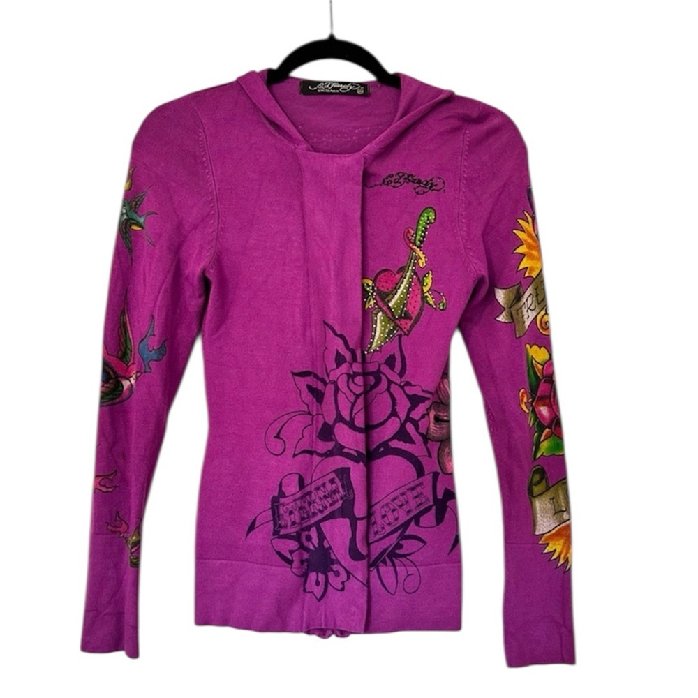 Ed Hardy Y2K Eternal Love Dagger Geisha Zip Front Hooded Cardigan Sweater XS